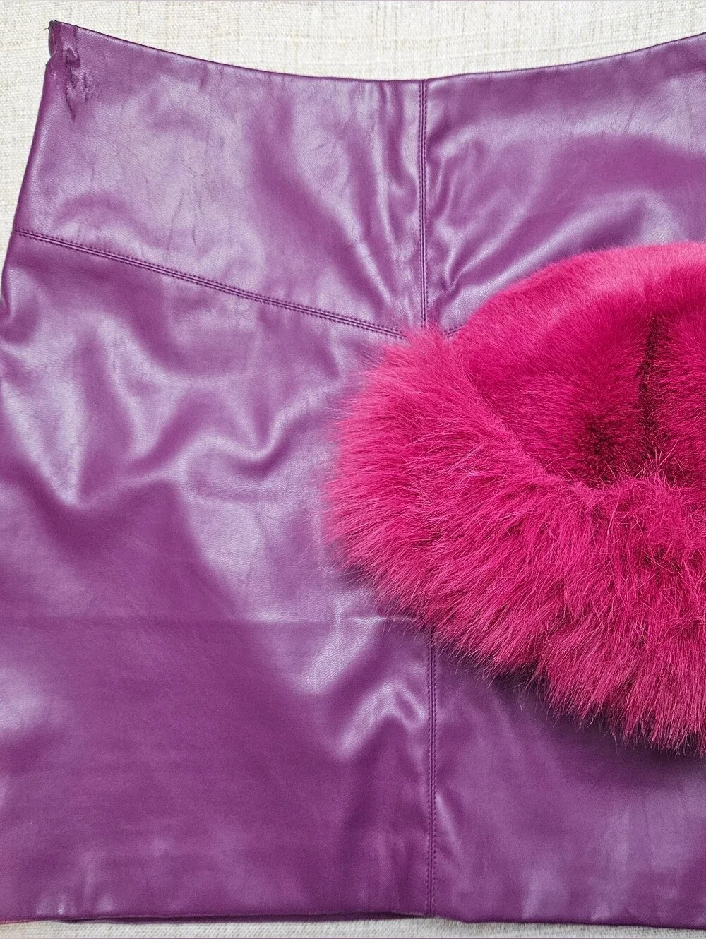 Women’s Plum Purple Faux Leather Skirt with A Magenta Pink Fur Trim Winter Hat